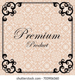Ornate background, vintage ornamental pattern, label, for packaging and design of luxury products. Made with black frame isolated on colored background. Vector illustration.