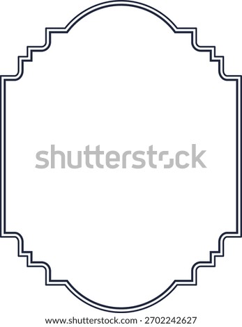 Ornate badge frame with double line border in clean linework. Decorative label contour with curved top and stepped corners, thin stroke, empty center. Cartoon vector illustration