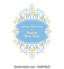 Ornate banner for Christmas and New Year design. Elegant element. Vintage vector greeting illustration. Concept winter lacy decor, place for your text. Ornamental Holiday pattern for greeting cards.