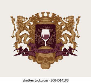 Ornate banner in the form of an ancient coat of arms with a glass of wine, a crown, lions, ribbons, a human skull and the words In vino veritas. Hand-drawn vector illustration in retro style