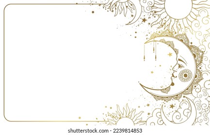 Ornate banner with golden moon, mysterious illustration for landing page, web design template in vintage hand drawn style. The concept of magic, occultism and astrology.