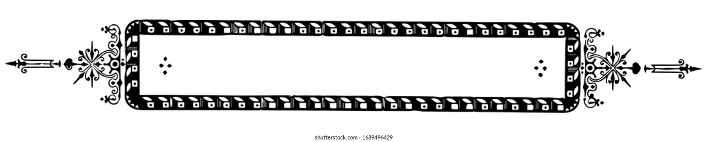 Ornate banner have multiple boxes arranged in a cascade style in the border of this design, vintage line drawing or engraving illustration.