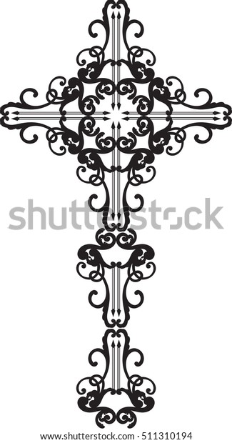 Ornate baroque black cross\
on white
