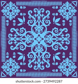 Ornate baroque blue floral pattern scarf bandana slayer design on a purple background is depicted in a symmetrical square frame with details print art