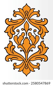 Ornate baroque design, floral motif, symmetrical pattern, orange and gold, intricate scrollwork, decorative emblem, regal ornament.