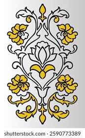 Ornate Baroque Floral Symmetry: Intricate Yellow and White Lotus Motif with Scrollwork Design.