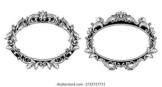 Ornate baroque flourish frame set with vintage oval border and decorative Victorian ornament. Elegant antique filigree design with intricate floral motifs for wedding invitations or mirror frames.