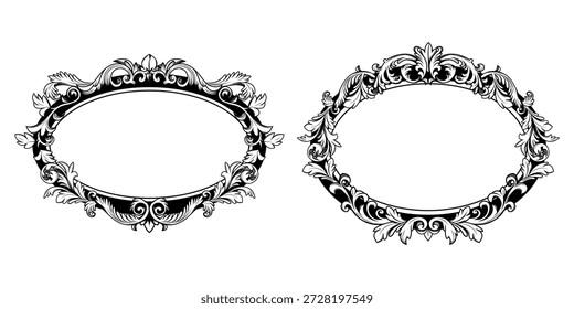 Conjunto de marco floral barroco adornado con borde oval vintage y adorno victoriano decorativo. Elegante diseño de filigrana antigua con intrincados motivos florales para invitaciones de boda o marcos de espejo.