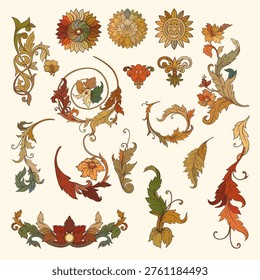 Ornate Baroque seamless pattern featuring a central male face with sun motif, surrounded by intricate scrolls, foliage, and floral elements in warm gold, autumn tones. Ideal for textiles, luxury decor
