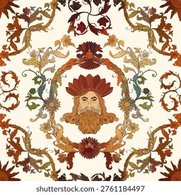Ornate Baroque seamless pattern featuring a central male face with sun motif, surrounded by intricate scrolls, foliage, and floral elements in warm gold, autumn tones. Ideal for textiles, luxury decor