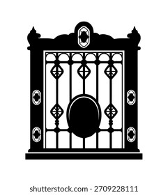 Silueta de marco de ventana barroca ornamentada con intrincadas barras de hierro y Ilustración vectorial central ovalada, elemento arquitectónico de lujo.