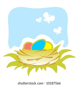 Ornate basket with easter eggs and butterflies on a blue background.