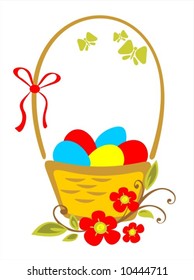Ornate basket with easter eggs and red flowers on a white background.