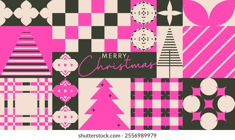 Ornate Bauhaus Inspired Christmas Background. Trendy Winter Holidays art templates.	
