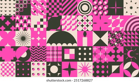 Ornate Bauhaus Inspired Halloween Background. Trendy Groovy hippie 70s Holidays art templates. Geometric minimalist modern brutalist bold shapes, primitive blocks swiss style. Y2k aesthetic.