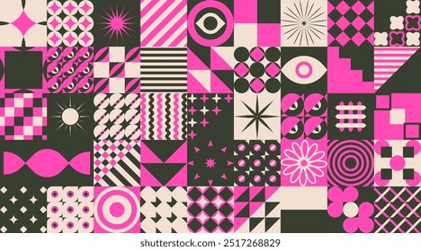 Ornate Bauhaus Inspired Halloween Background. Trendy Groovy hippie 70s Holidays art templates. Geometric minimalist modern brutalist bold shapes, primitive blocks swiss style. Y2k aesthetic.