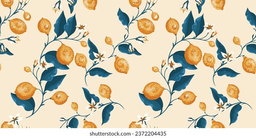 Ornate, beautiful, artistic  seamless branch with lemons pattern. Vector hand drawn blooming lemon branches with leaves, flowers. Summer fruits illustration for print.