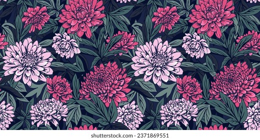 Ornate beautiful blooming flowers and leaves intertwined in seamless pattern. Vector hand drawn abstract artistic dahlias, peonies, large leaves stem print Template for design, fabric, fashion