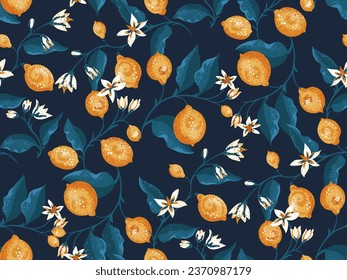 Ornate, beautiful, seamless branch with lemons pattern. Vector hand drawn artistic, abstract branch with lemon, leaves, and blooming  flowers. Summer fruits illustration for print.