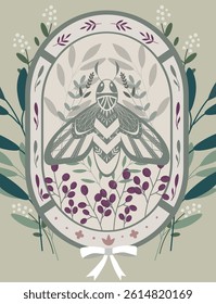 Ornate beetle in a frame with floral decorations. Decorative bug art.
