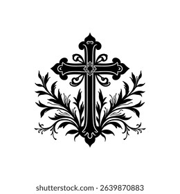 Ornate Black Cross with Floral Design Vector Art. perfect for religious, gothic, tattoo, or decorative designs.