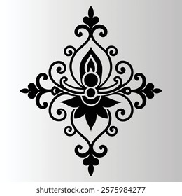 Ornate black damask pattern, symmetrical floral design, intricate filigree, baroque style, white background.