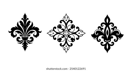 Símbolos de damasco preto ornamentado sobre fundo branco, elementos clássicos vintage, desenhos heráldicos decorativos, perfeito para logotipos, marca, arte de tatuagem e padrões