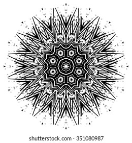 Ornate black ethnic mandala or festive snowflake. Monochrome  luxury oriental motif. Fantasy element for design. Vintage  vector illustration. Fantasy symbol  on  white background. Easily editable.