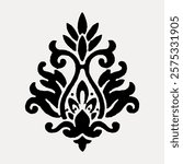 Ornate black floral pattern with symmetrical design. Decorative floral motif with intricate curves. Elegant floral pattern for wallpaper or fabric design. Vintage art drawing, isolated vector.