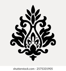 Ornate black floral pattern with symmetrical design. Decorative floral motif with intricate curves. Elegant floral pattern for wallpaper or fabric design. Vintage art drawing, isolated vector.