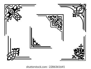 Ornate black frame corners. Interlaced lines. Celtic, Islamic style. Art legacy.