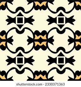 Ornate el patrón de damasco negro y dorado sobre un fondo blanco, con formas geométricas intrincadas en un diseño impecable.
