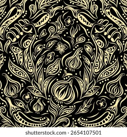 Padrão floral preto e dourado ornamentado com alho estilizado e plantas.