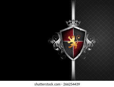 ornate black and gray frame with shield, helmet and halberds