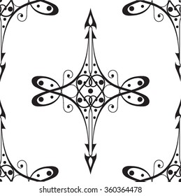 ornate black and grey pattern with pick-shaped bits, which is framed on a white background, vector

