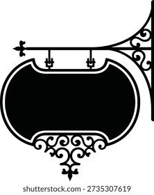Ornate Black Hanging Sign Bracket with Oval Blank Signage Silhouette on White Background for Business or Shop Facade Decoration
