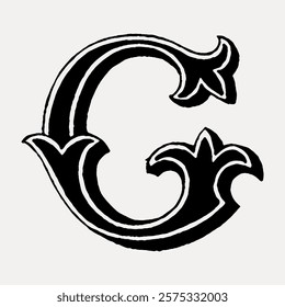 Ornate black letter 'C' with decorative flourishes. Gothic style 'C' in black and white. Elegant 'C' design with intricate details. Vintage style art drawing, isolated vector element.