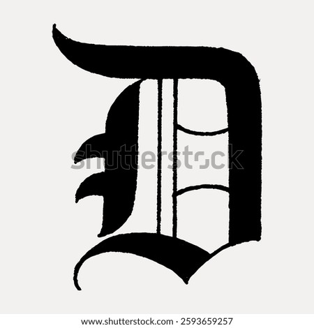 Ornate black letter 'D' with gothic style. Decorative 'D' features bold lines and intricate design. Gothic 'D' adds vintage flair. Stylish letter 'D' for design. Vintage typography vector.