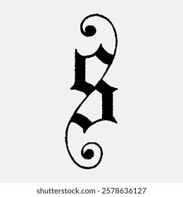 Ornate black letter 'S' design with decorative swirls, resembling vintage typography. The 'S' features elegant curves and intricate details, ideal for artistic projects. Vintage black font, vector.