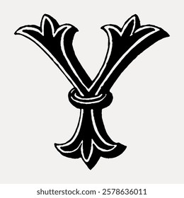 Ornate black letter 'Y' with decorative flourishes, vintage style. The letter 'Y' is bold, artistic, and features intricate design elements. Vintage black font isolated on white, vector.