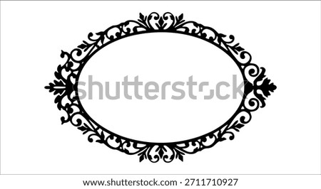 Ornate black oval frame with decorative scrollwork and floral elements Keywords: ornate, frame