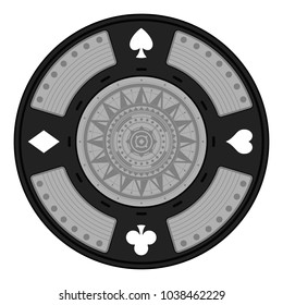 An ornate black poker chip in vector format featuring all four playing card suits.