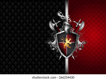 ornate black and red frame with shield, helmet and halberds