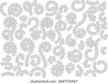 Ornate black and white abstract patterns for mosaic, textile, or coloring book designs, with intricate geometric elements.