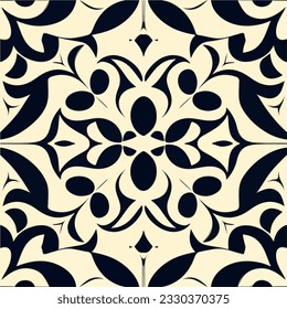 Ornate black and white damask pattern on white background. Symmetrical and intricate geometric design suitable for various decorative purposes.