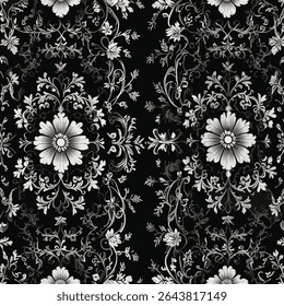 Ornate Black and White Floral Damask Pattern for Wallpaper, Fabric, Decor, Crafts, Design