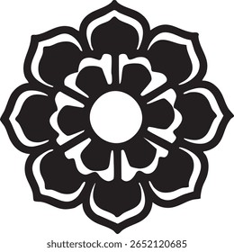 Ornate Black and White Floral Design A Symmetrical Blossom with Curving Petals and Negative Space Elements in High Contrast