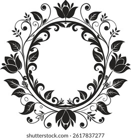 Ornate black and white floral frame with symmetrical swirls 
