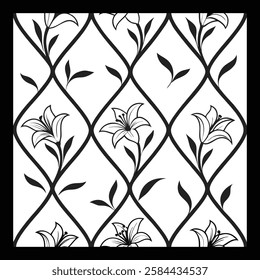 Ornate Black and White Floral Vector Pattern | Decorative Geometric Tile for Textile, Fashion, Interior and Carpet | Timeless Digital Art with Classic Aesthetic and Luxurious Vintage-Inspired Texture.