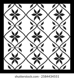 Ornate Black and White Floral Vector Pattern | Decorative Geometric Tile for Textile, Fashion, Interior and Carpet | Timeless Digital Art with Classic Aesthetic and Luxurious Vintage-Inspired Texture.